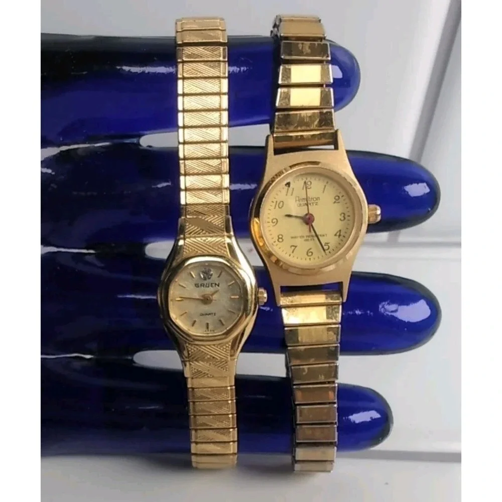 Vintage Ladies Gold Tone Watch Lot Of 2 Gruen & Armitron Stainless Steel 1950's